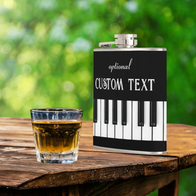 Piano Keyboard and customizable text black & white Hip Flask (Piano keyboard hip flask with optional text)