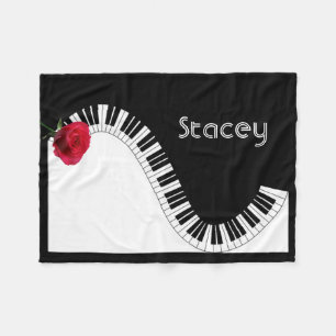 Piano Keyboard and Elegant Red Rose Fleece Blanket