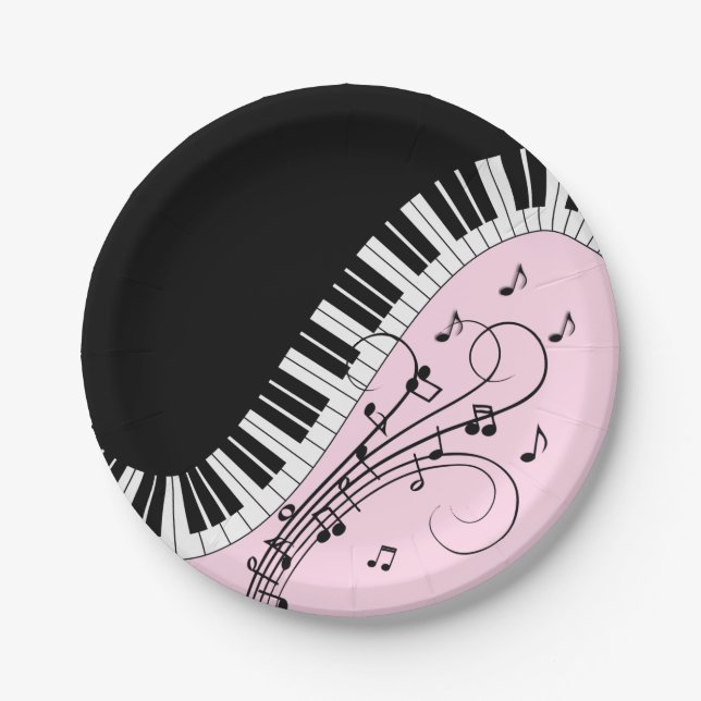 Piano Keyboard Black and White Music Design Pink Paper Plate (Front)