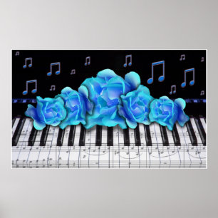 Piano Keyboard Blue Roses Colossal Size Poster