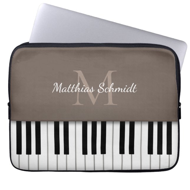 Piano Keyboard Monogrammed Personalized Mocha Laptop Sleeve (Front)