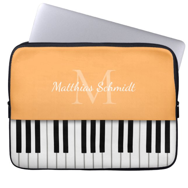 Piano Keyboard Monogrammed Personalized Orange Laptop Sleeve (Front)