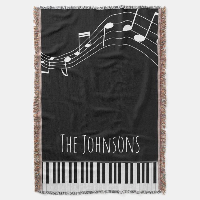 Piano Keyboard & Musical Notes Throw Blanket (Front Vertical)