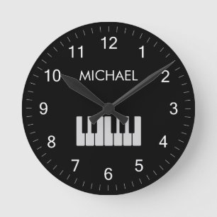 Piano Keyboard Personalized Musician's  black Round Clock