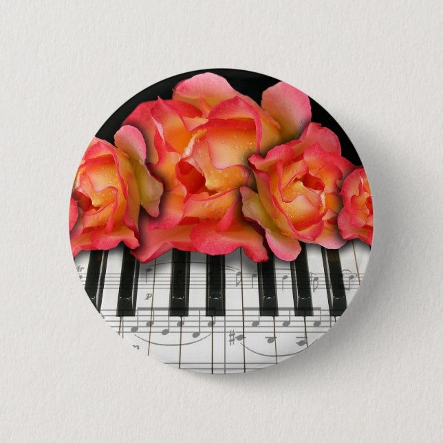 Piano Keyboard Roses and Music Notes 2 Inch Round Button (Front)
