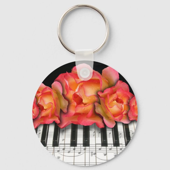 Piano Keyboard Roses and Music Notes Keychain (Front)