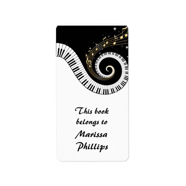 Piano Keys and Gold Music Notes Bookplates Label (Front)