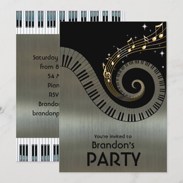 Piano Keys and Gold Music Notes Party Invitation (Front/Back)
