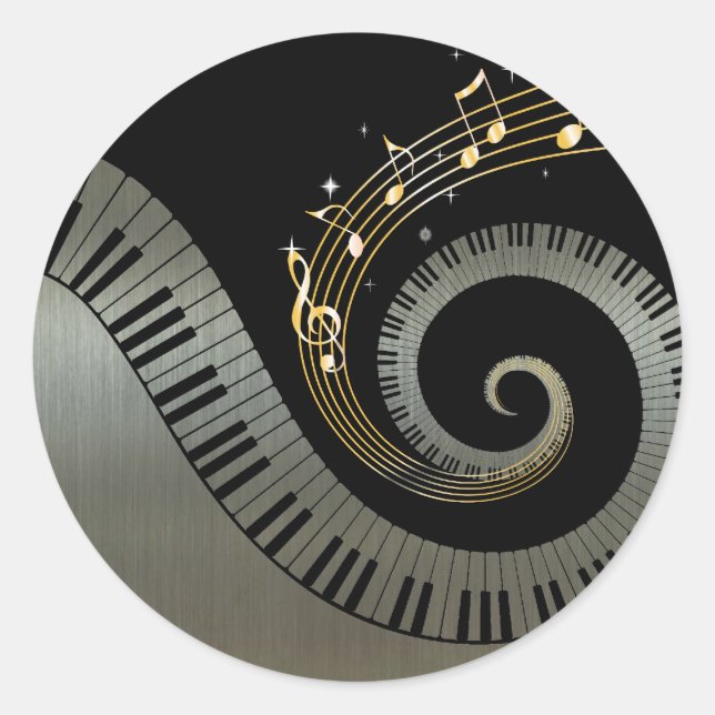 Piano Keys and Gold Music Notes silver Classic Round Sticker (Front)