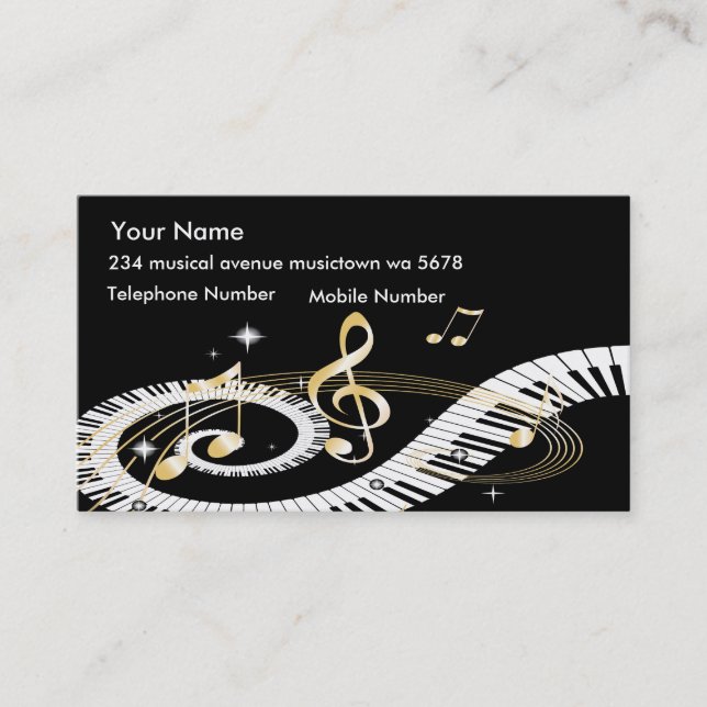 Piano Keys and Golden Music Notes Business Card (Front)