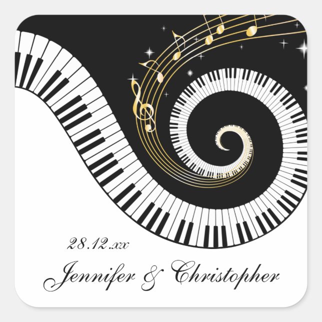 Piano Keys and Golden Music Notes Wedding Square Sticker (Front)