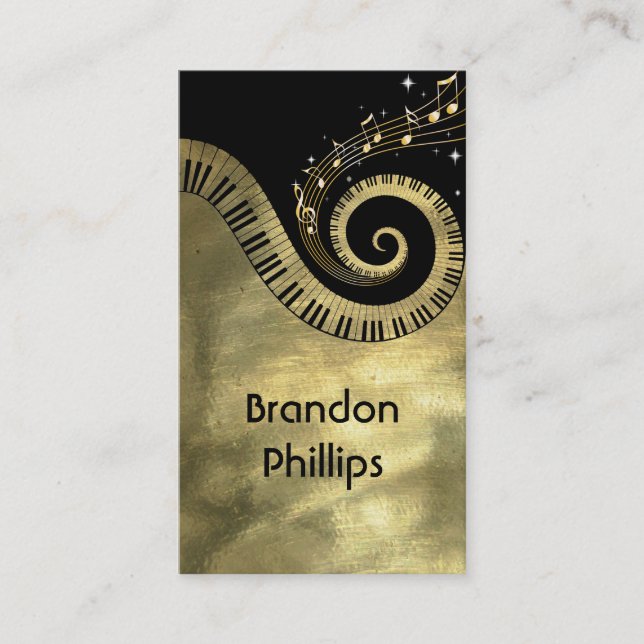 Piano Keys and Music Notes Golden Business Card (Front)