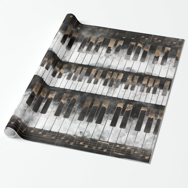 Piano keys and Notes - Watercolor and gold Wrapping Paper (Unrolled)