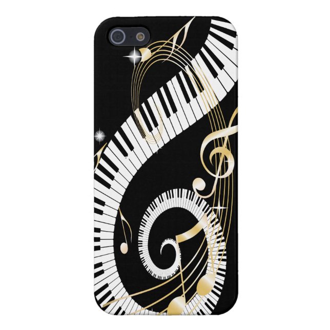 Piano Keys and Swirling Golden Music Notes iPhone Case (Back)