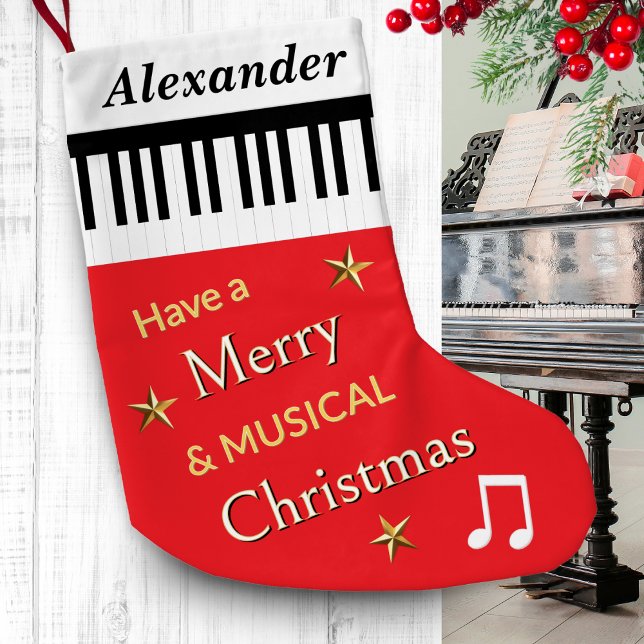 Piano Keys Bright Red Music Themed Personalized Small Christmas Stocking (A personalized Christmas stocking, in red with piano keys pattern and festive greeting)