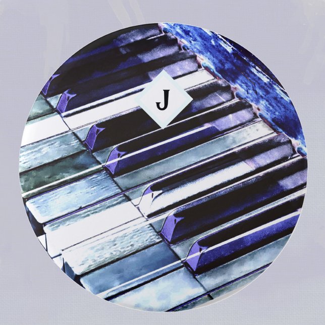 Piano Keys Cool Blue Modern Music Lover Monogram 3 Inch Round Button (Creator Uploaded)