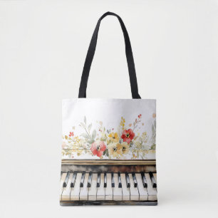 Piano Keys & Floral Bouquet Tote Bag