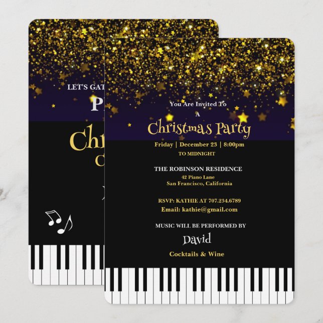 Piano Keys & Gold Glitter Christmas Party Invitation (Front/Back)