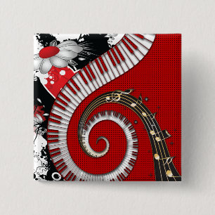 Piano Keys Music Notes Grunge Floral Swirls 2 Inch Square Button