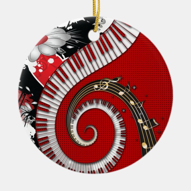 Piano Keys Music Notes Grunge Floral Swirls Ceramic Ornament (Front)