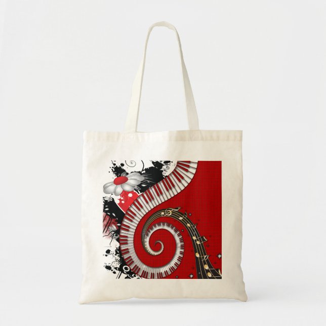Piano Keys Music Notes Grunge Floral Swirls Tote Bag (Front)