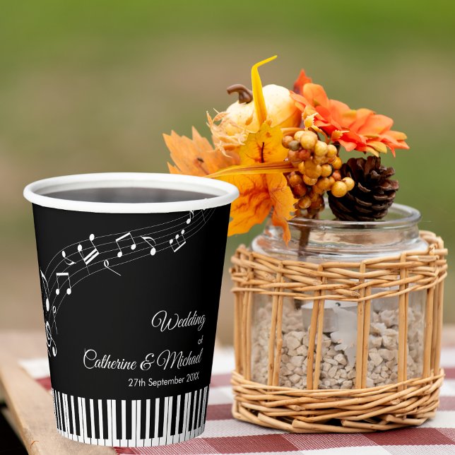 Piano Keys Musical Notes Black & White Wedding Paper Cups (Angled view music artist concert inspired with orchestra grand piano love story wedding paper cup)