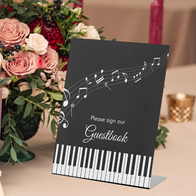 Piano Keys Musical Notes Black & White Wedding Pedestal Sign (Creator Uploaded)
