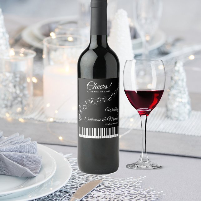 Piano Keys Musical Notes Black & White Wedding Wine Label (Creator Uploaded)