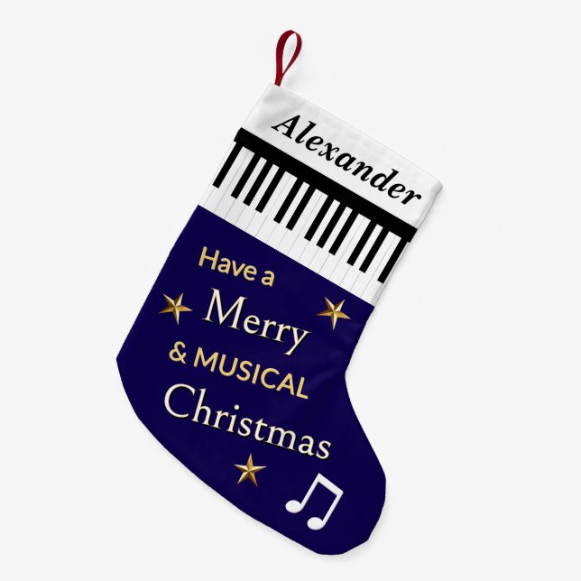 Piano Keys Navy Blue Music Lover's Personalized Small Christmas Stocking (Front (Hanging))