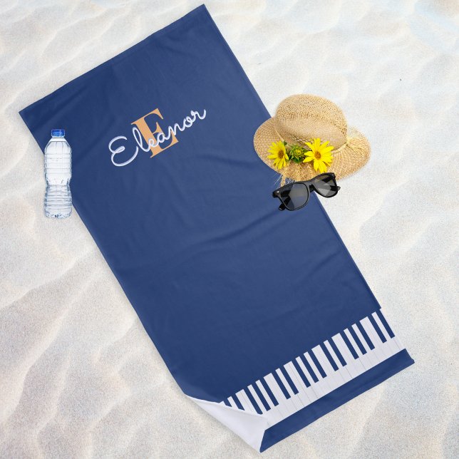 Piano Keys Navy Blue White Monogram Music Keyboard Beach Towel (A stylish beach towel in dark blue with piano keyboard design and monogram)