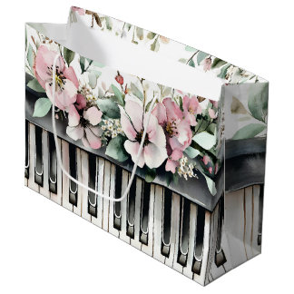 Piano Keys & Pink Flowers Large Gift Bag