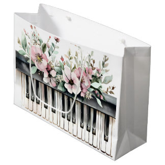 Piano Keys & Pink Flowers Large Gift Bag
