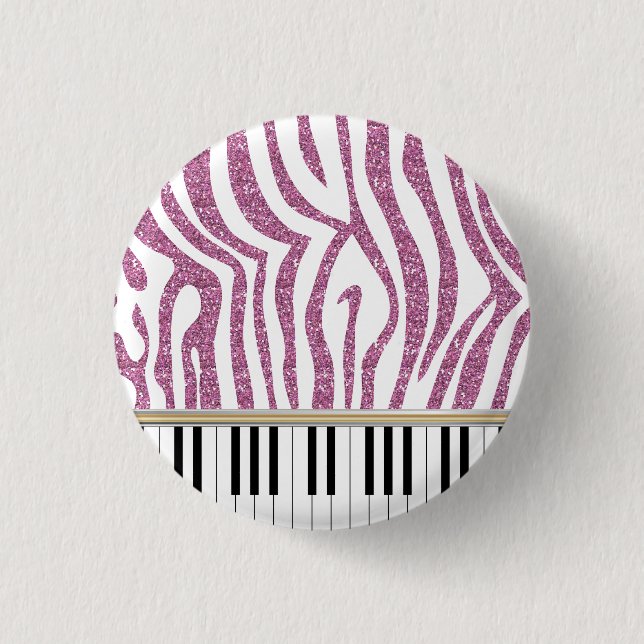 Piano Keys Pink Glitter Zebra Print 1 Inch Round Button (Front)