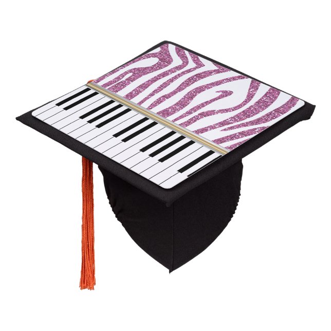 Piano Keys Pink Glitter Zebra Print Graduation Cap Topper (Angled)