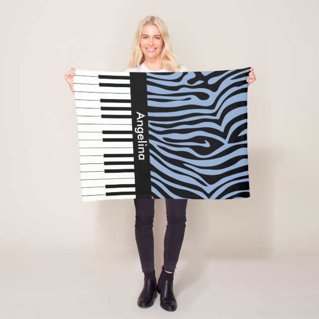 Piano Keys Sky Blue and black Zebra Print Fleece Blanket (In Situ)