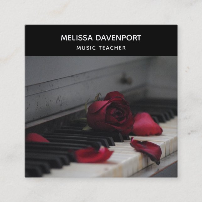 Piano Keys with a Red Rose Square Business Card (Front)