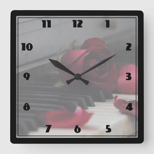 Piano Keys with a Red Rose Square Wall Clock (Front)