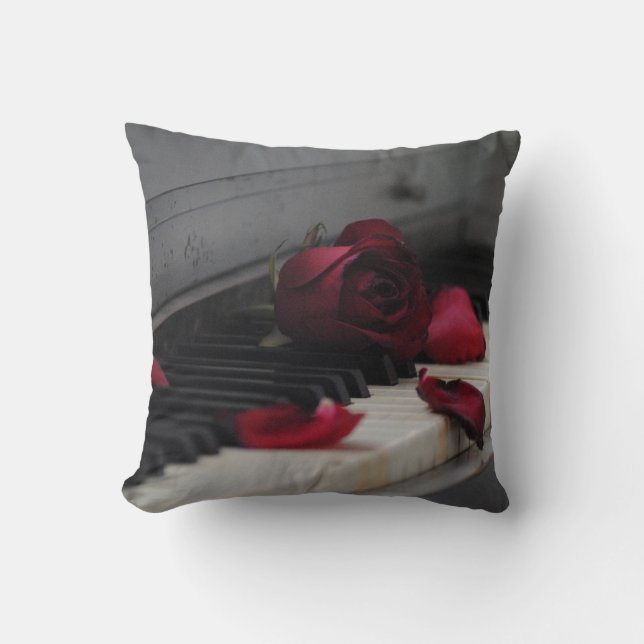 Piano Keys with a Red Rose Throw Pillow (Front)