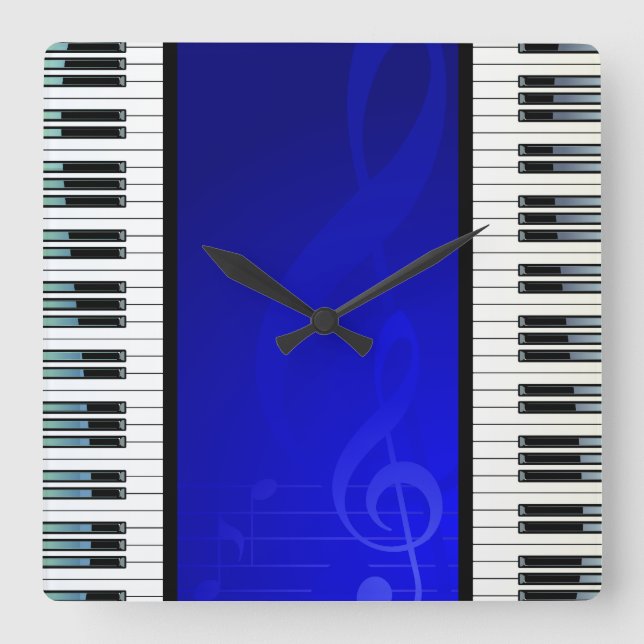 Piano Keys with Blue Effect Musical Notes Square Wall Clock (Front)