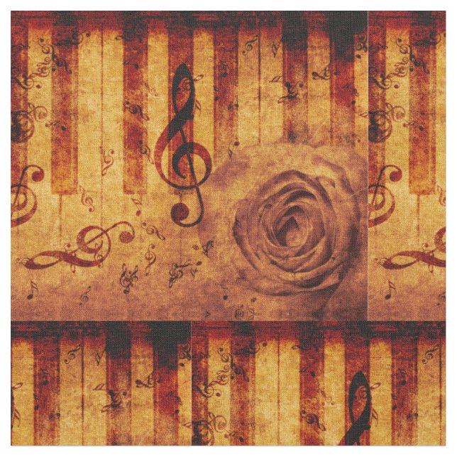 Piano keys with musical notes and rose fabric (Close Up)