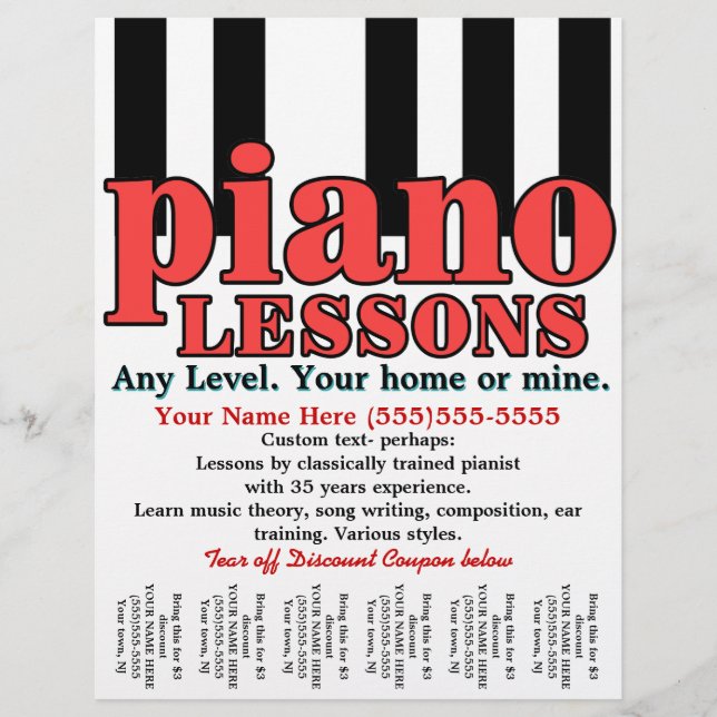 Piano Lessons. Tutor. Music Teacher. Tear sheet (Front)