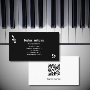 Piano Music Lessons QR code Black White Business Card