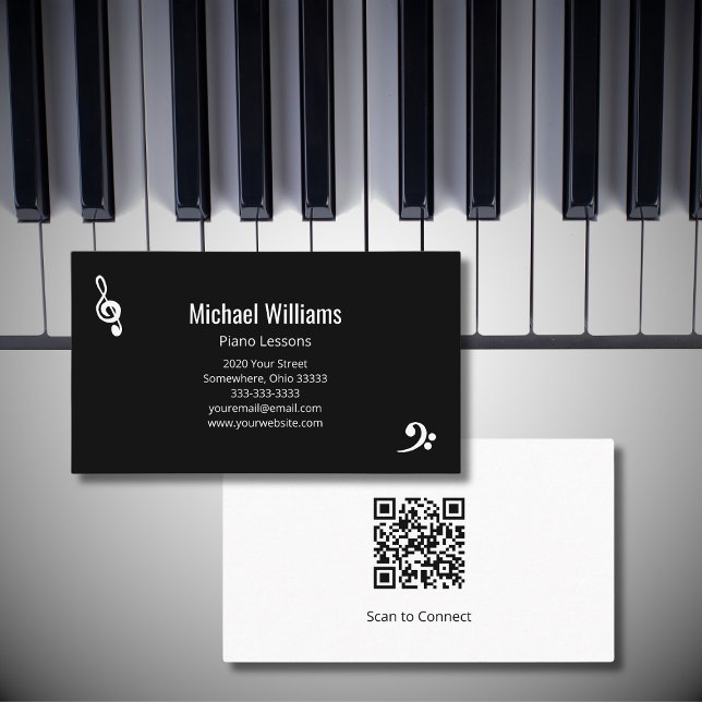 Piano Music Lessons QR code Black White Business Card (Creator Uploaded)