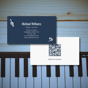 Piano Music Lessons QR code Navy Blue Business Card