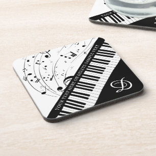 Piano Music Notes Monogram Black White Custom Coaster