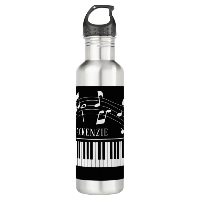 Piano Music Notes Script Name Black White 710 Ml Water Bottle (Front)