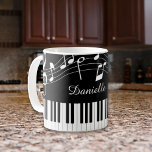 Piano Music Notes Script Name Black White Coffee Mug<br><div class="desc">Modern, stylish mug with piano keyboard and music notes in black and white personalized with a name in an editable handwritten script font style. Ideal for music teachers, musicians and music professionals. CHANGES: You can change the black background colour or the text font style, colour, size and placement by clicking...</div>