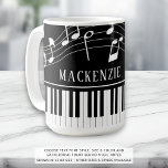 Piano Music Notes Script Name Black White Coffee Mug<br><div class="desc">Modern, stylish mug with piano keyboard and music notes in black and white personalized with a name or your custom text in an editable font style. Ideal for music teachers, musicians and music professionals. CHANGES: You can change the black background colour or the text font style, colour, size and placement...</div>