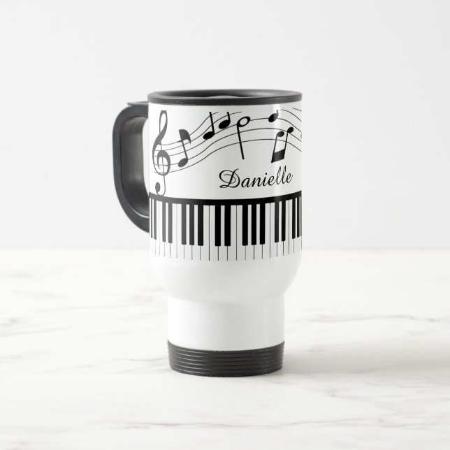 Piano Music Notes Script Name Black White Travel Mug (Front Left)