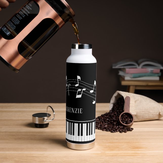 Piano Music Notes Script Name Black White Water Bottle (Coffee)